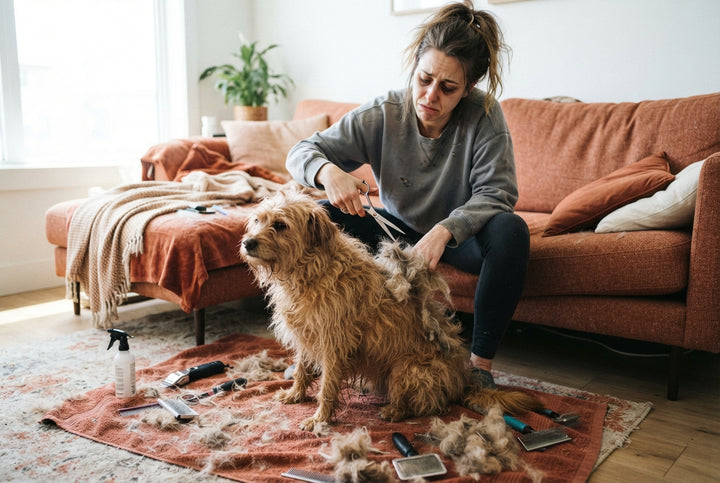 A person looking frustrated while attempting to groom a dog with a matted and damp coat in a bright living room.