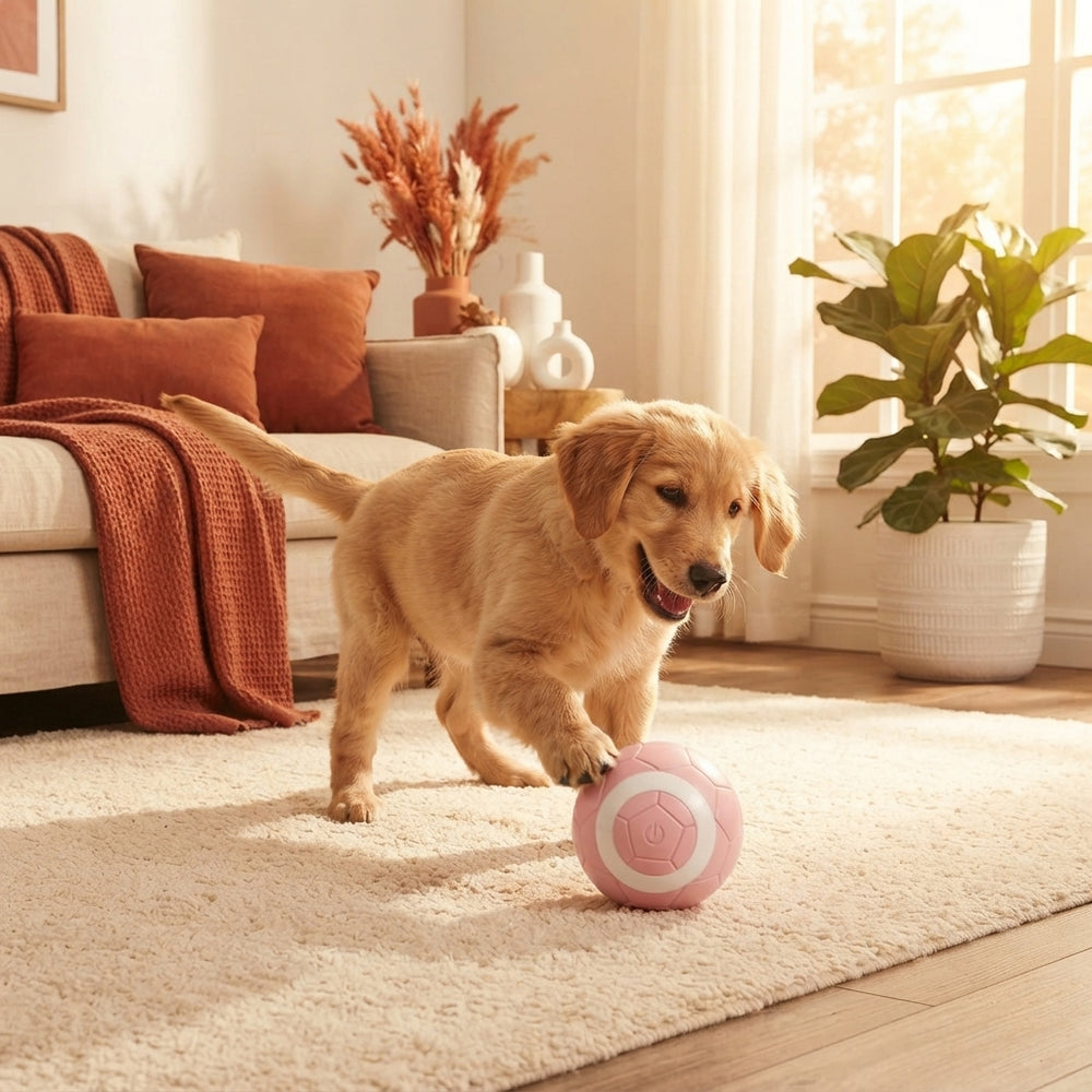 A golden retriever playing with a pink electric pet toy ball on a living room rug.